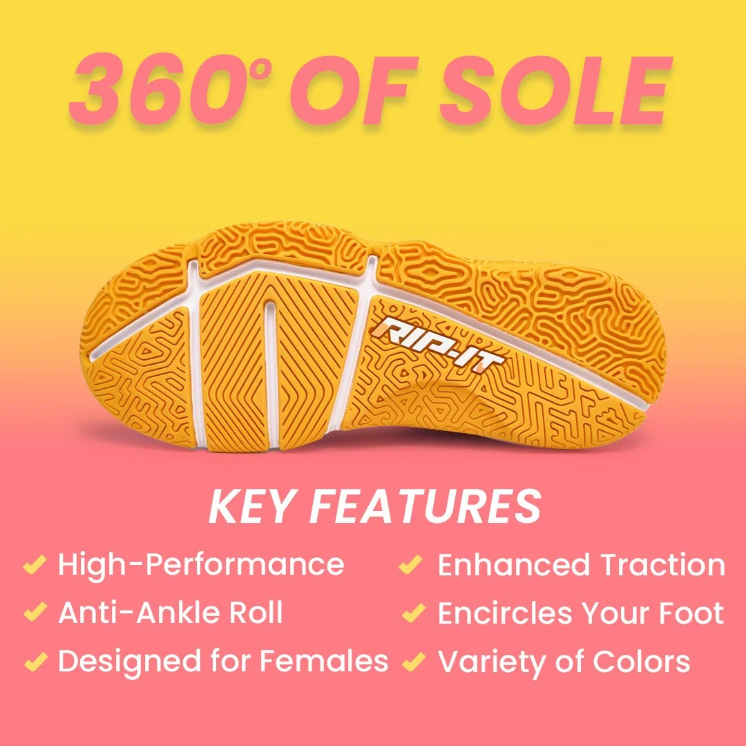 Yellow shoe sole with intricate pattern, displaying the text '360° of Sole' at the top. Key features listed below: High-Performance, Anti-Ankle Roll, Designed for Females, Enhanced Traction, Encircles Your Foot, Variety of Colors. Brand 'RIP-IT' visible on sole.