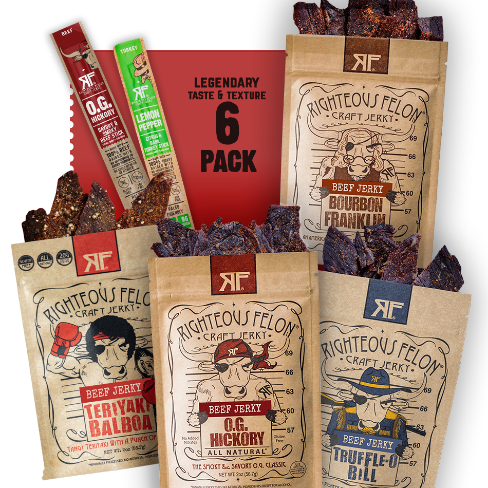 Righteous Felon craft jerky 6-pack with various flavors including O.G. Hickory, Bourbon Franklin, and Truffle-O Bill, plus beef and turkey sticks.