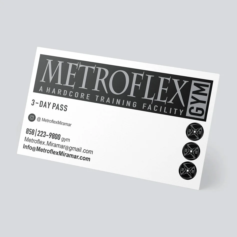 Business card for Metroflex Gym offering a 3-day pass, featuring contact info including phone number, email, and Instagram handle.