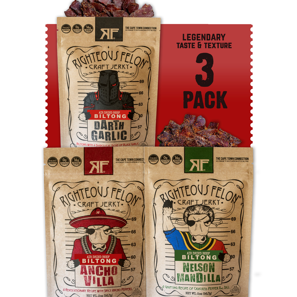 Righteous Felon craft jerky 3-pack packaging featuring flavors: Darth Garlic, Ancho Villa, Nelson Mandilla. Each bag highlights unique illustrations and flavor descriptions. Red background emphasizes 'Legendary Taste & Texture' text.