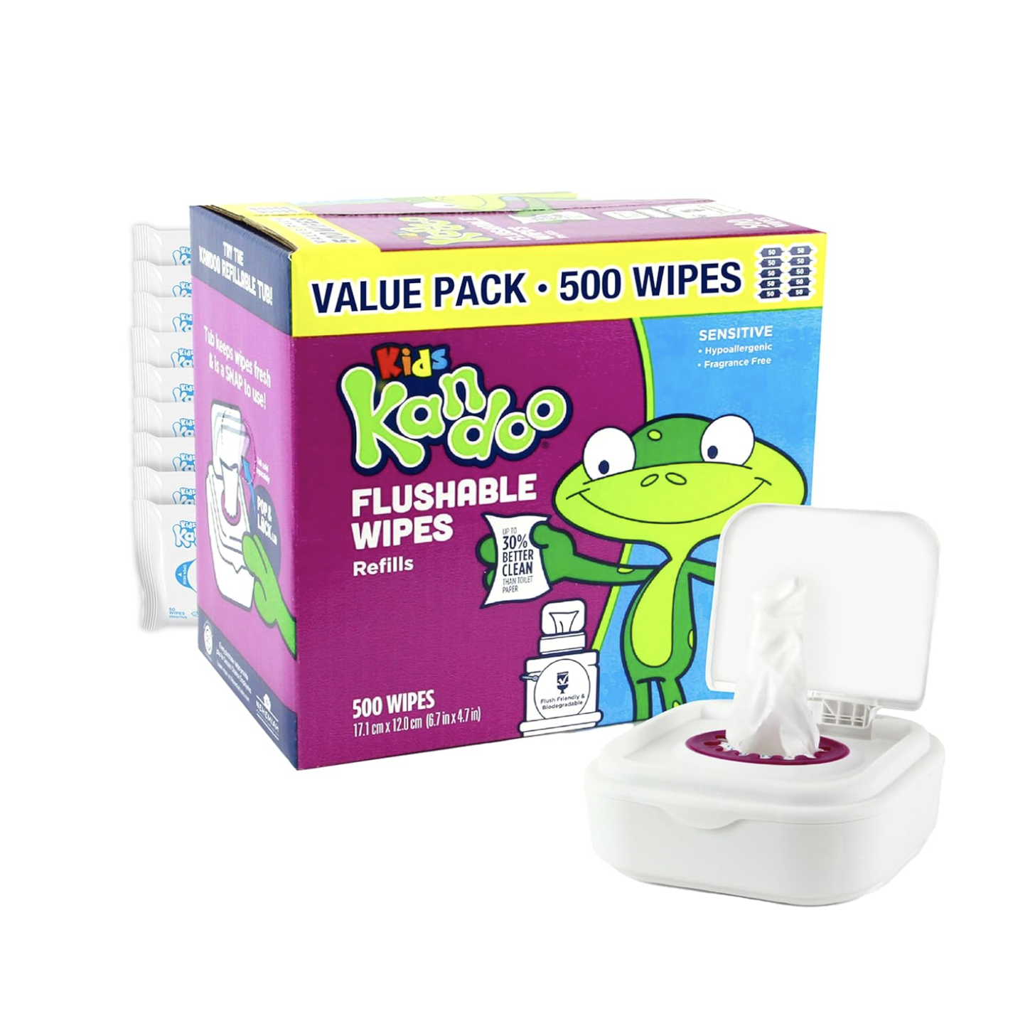 Box of Kids Kandoo flushable wipes with a frog mascot, labeled as a value pack with 500 wipes, featuring a refill container with an open lid.