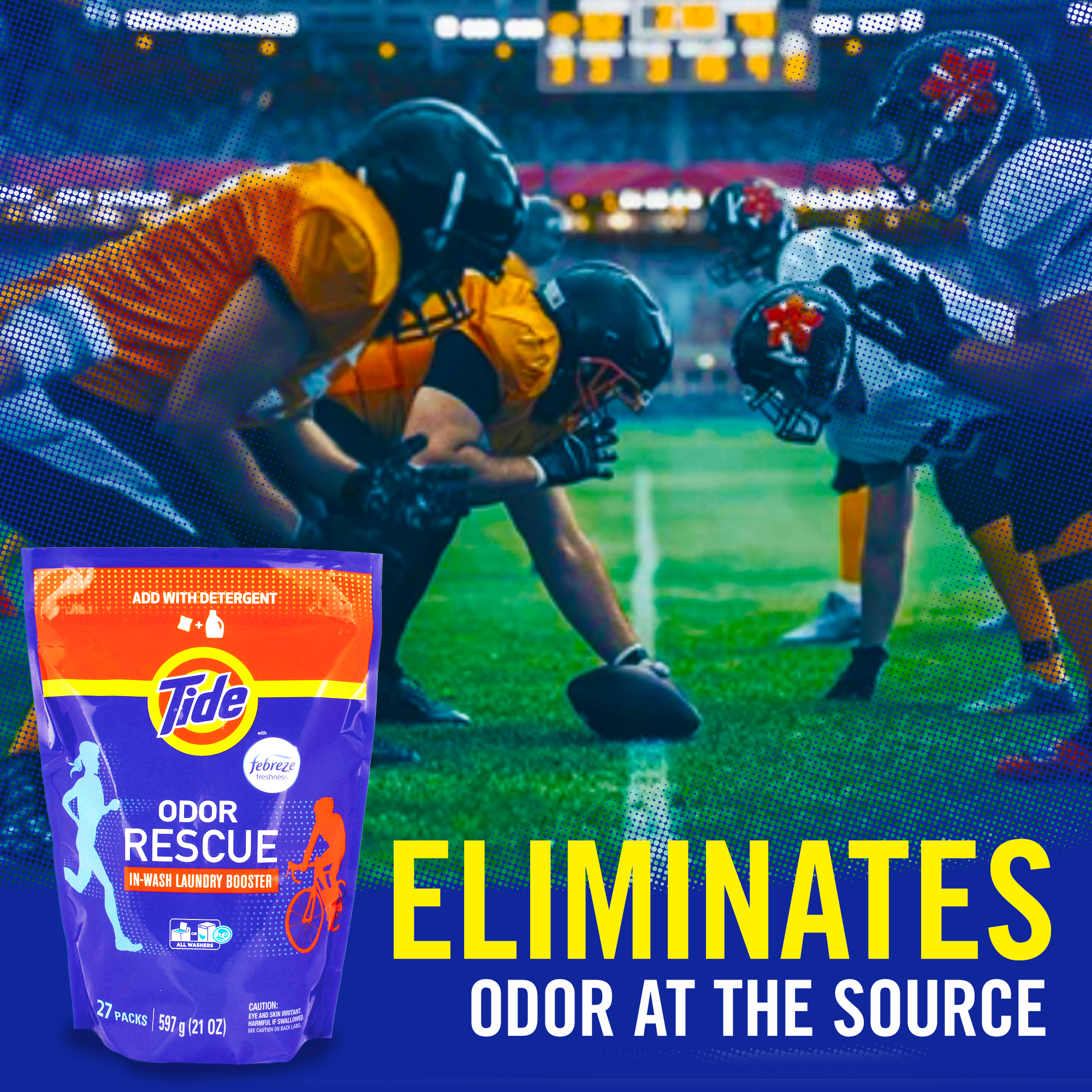 Football players on a field with a Tide Odor Rescue laundry booster package and text 'Eliminates Odor at the Source.'