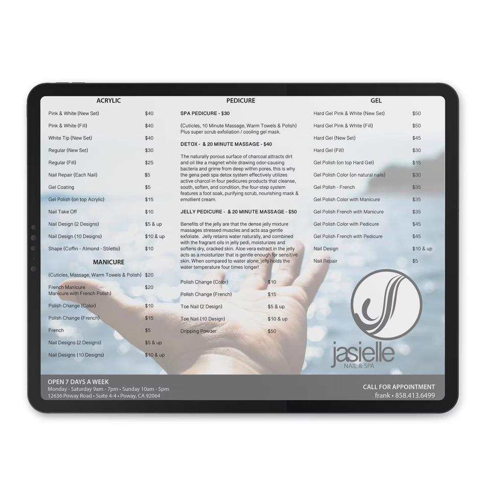 Jasielle Nail & Spa service menu featuring acrylic, manicure, pedicure, and gel options with prices and descriptions. Contact information and operating hours included.