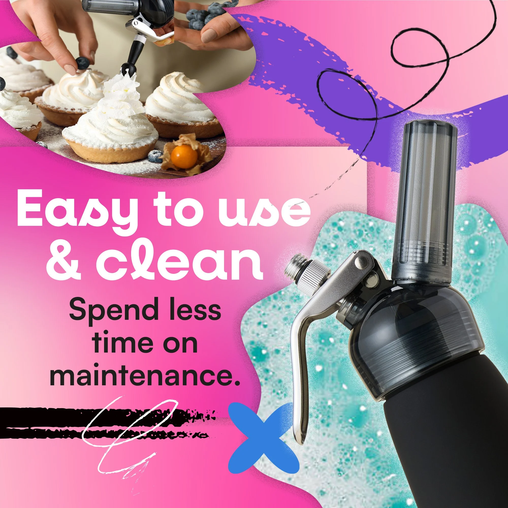 Image showing a whipped cream dispenser in the foreground with text stating 'Easy to use & clean. Spend less time on maintenance.' In the background, a person is using the dispenser to add cream to desserts.