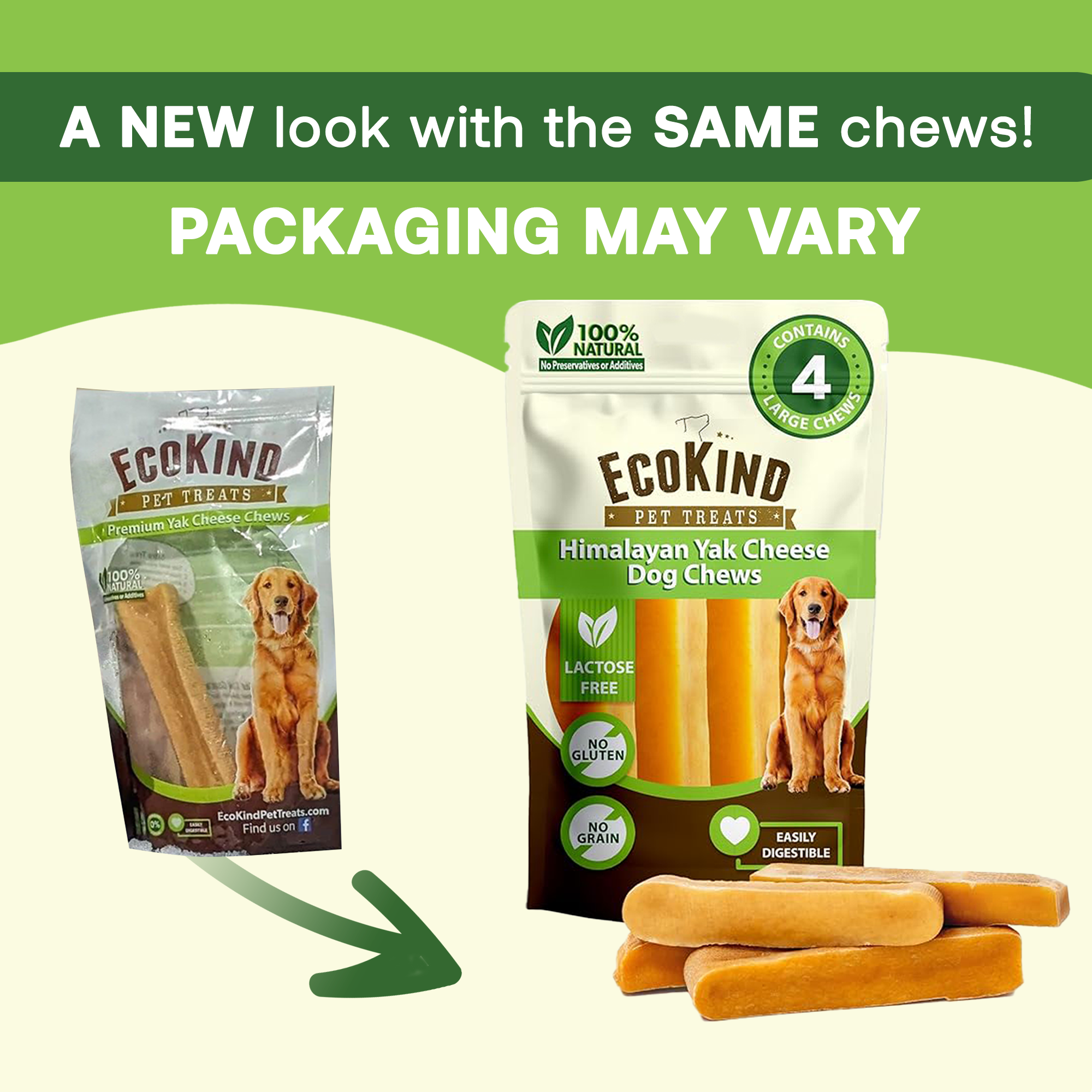 EcoKind Pet Treats packaging for Himalayan yak cheese dog chews, showing old and new designs. Highlights new look with the same chews, stating packaging may vary. Emphasizes being 100% natural, lactose-free, gluten-free, grain-free, and easily digestible. Shows image of a golden retriever and four large chews.