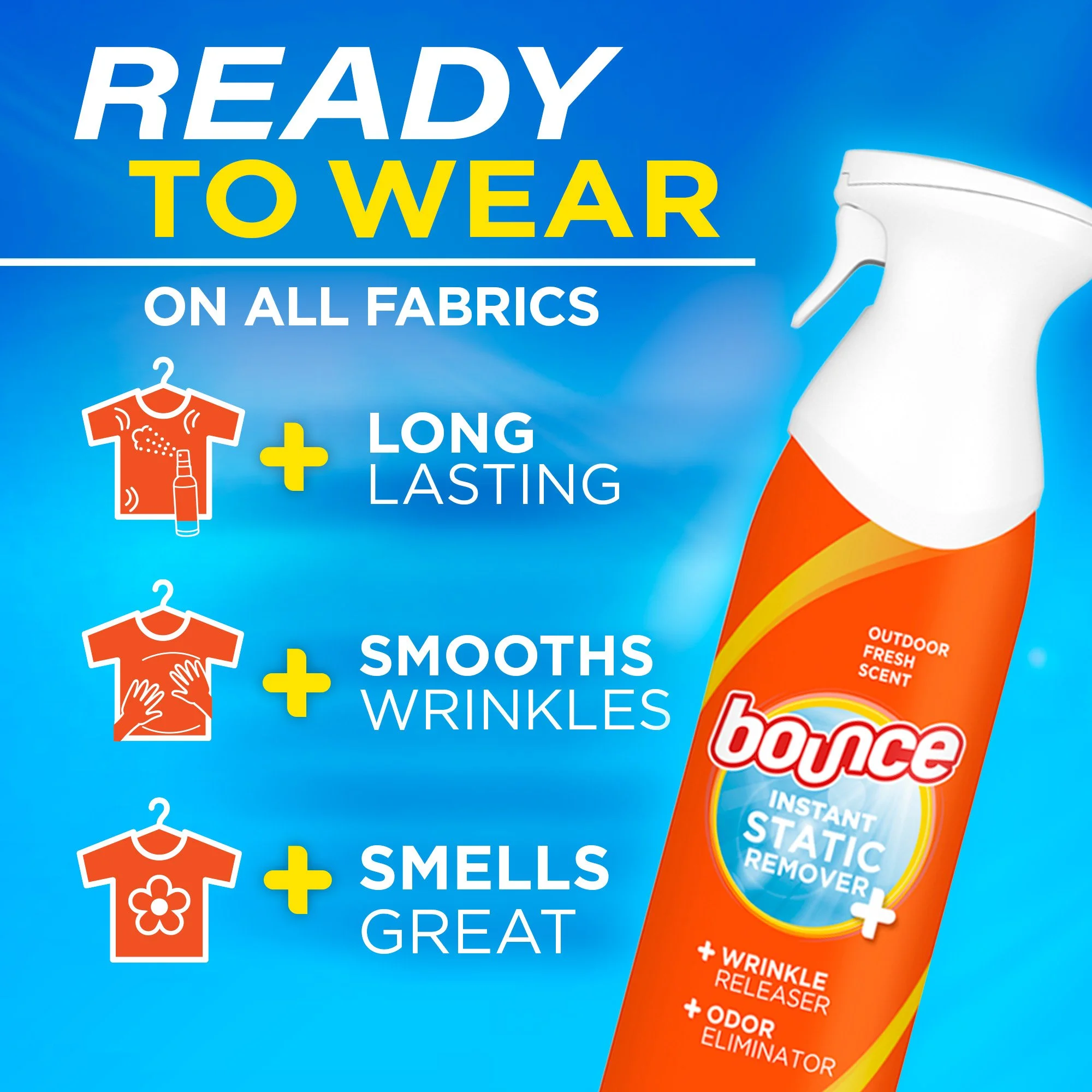 Advertisement for Bounce Instant Static Remover, highlighting benefits as long lasting, smooths wrinkles, and smells great, suitable for all fabrics. Includes an orange spray bottle with brand logo on a blue background.