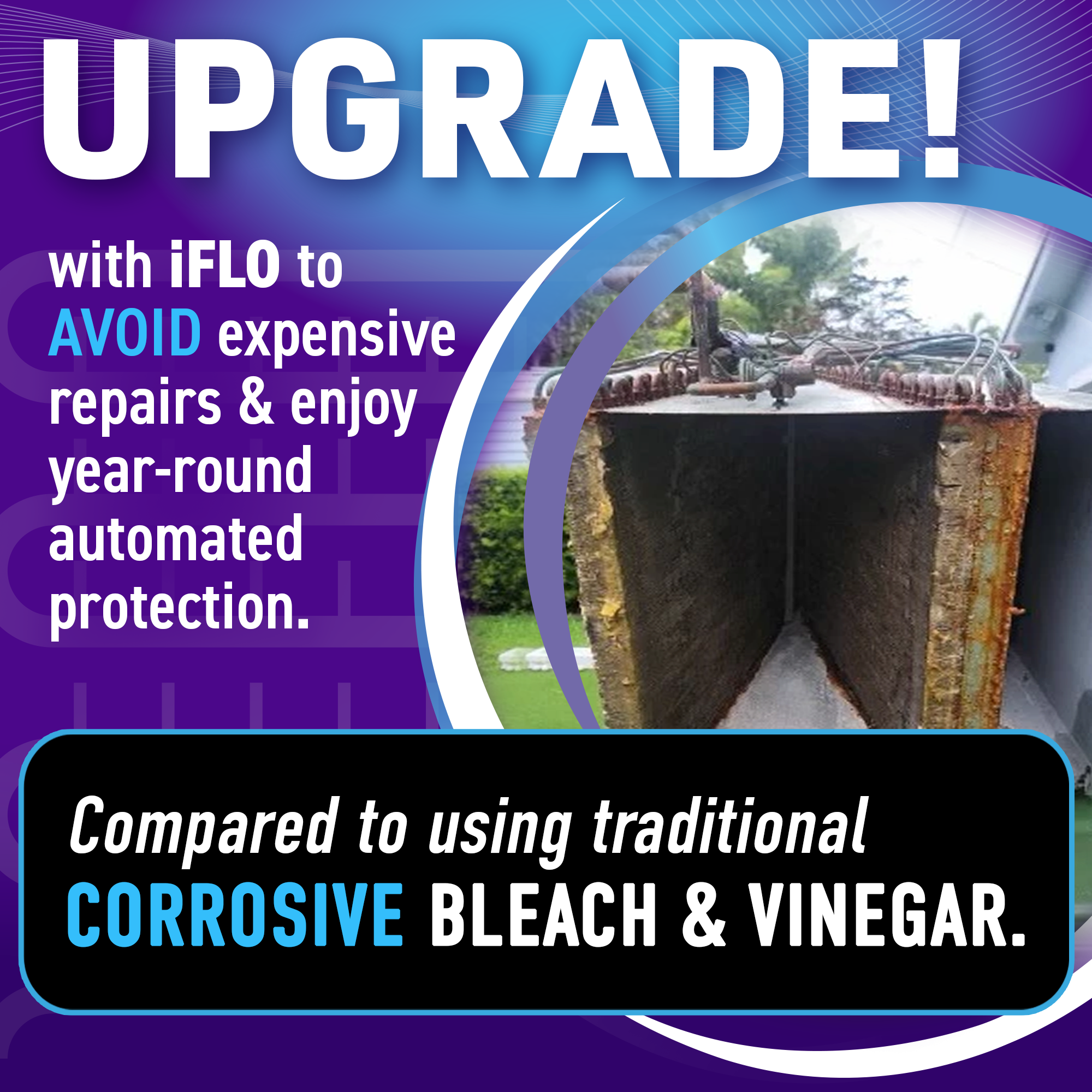 Promotional ad for iFLO system highlighting benefits of avoiding costly repairs using non-corrosive solutions.