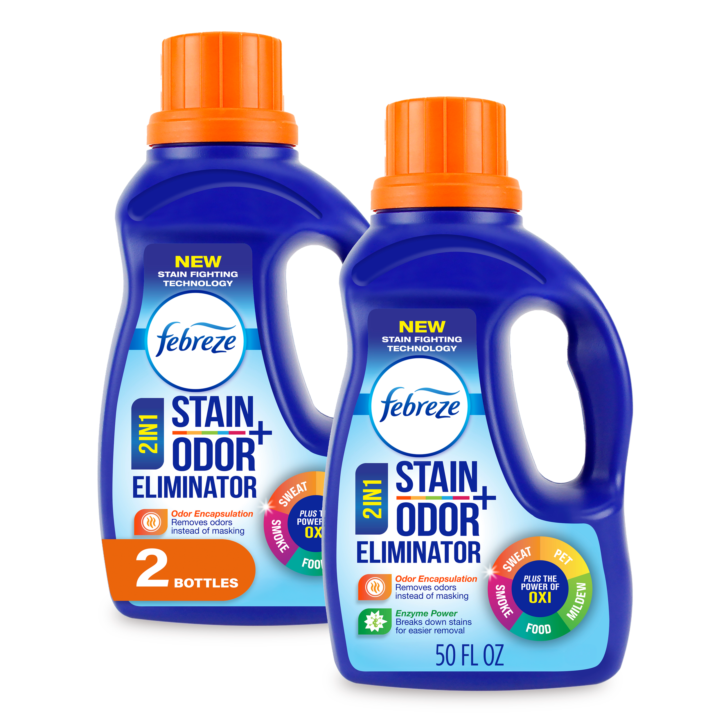 Two bottles of Febreze 2-in-1 Stain + Odor Eliminator, featuring new stain fighting technology, with orange caps and a blue label.
