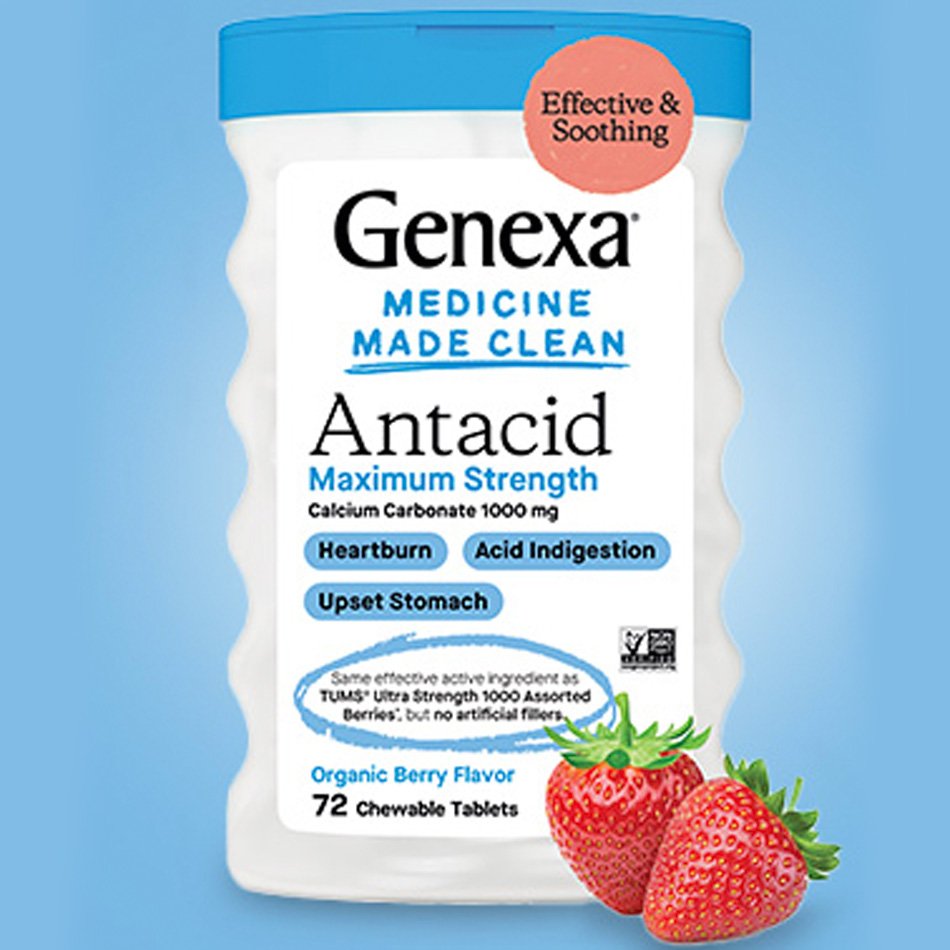 Genexa Maximum Strength Antacid chewable tablets with organic berry flavor, effective for heartburn, acid indigestion, and upset stomach. Features a blue cap and strawberries on the label. Contains 72 tablets with calcium carbonate 1000 mg.