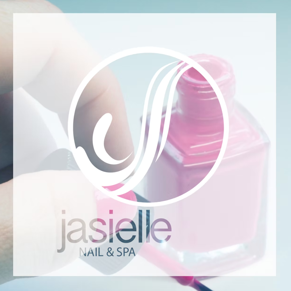 Pink nail polish bottle with brush, Jasielle Nail & Spa logo overlay.