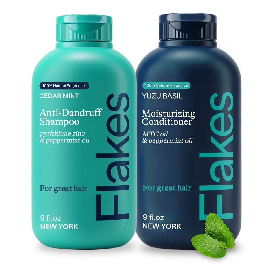 Bottles of Flakes shampoo and conditioner
