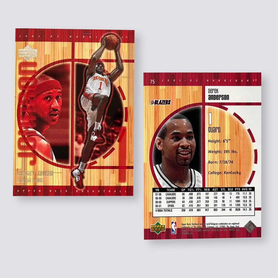 Two basketball trading cards featuring players: one card shows a player jumping with a basketball in a red-tone design, labeled "Upper Deck Basketball"; the other card shows a player in a profile with statistics such as height, weight, birthdate, and team history. It includes NBA and Upper Deck logos.