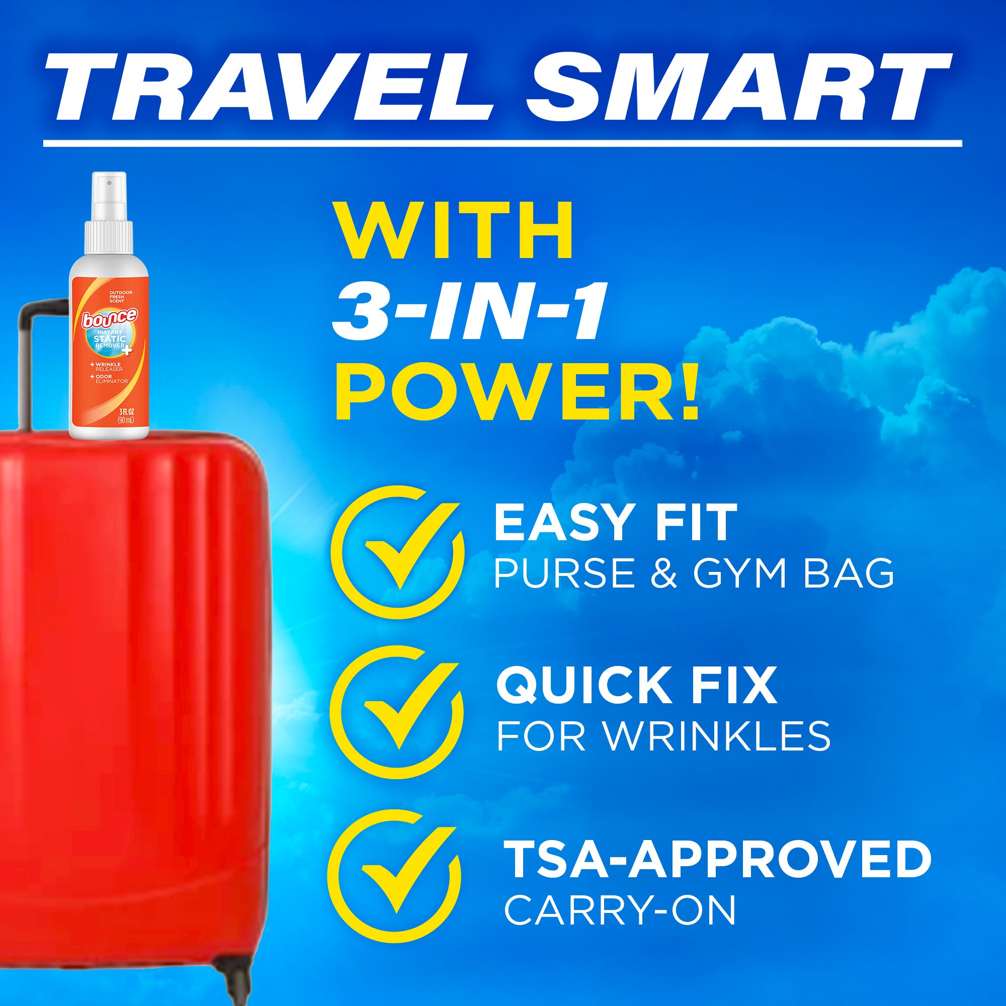 Advertisement featuring a red suitcase with a Bounce 3-in-1 garment spray. Text highlights include 'Travel Smart', '3-in-1 Power', 'Easy Fit Purse & Gym Bag', 'Quick Fix for Wrinkles', and 'TSA-Approved Carry-On'.