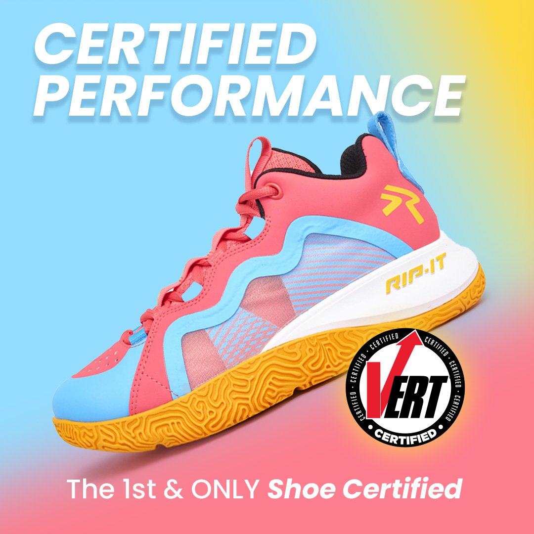 Colorful athletic shoe with wavy blue stripes, text "CERTIFIED PERFORMANCE" and "The 1st & ONLY Shoe Certified", featuring a yellow sole and VERT certification badge.