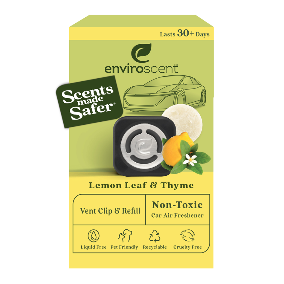 EnviroScent Lemon Leaf & Thyme car air freshener packaging with a vent clip design, featuring images of a lemon, leaves, and a vehicle. Descriptions emphasize non-toxic, liquid-free, pet-friendly, recyclable, and cruelty-free features, and it lasts 30+ days.