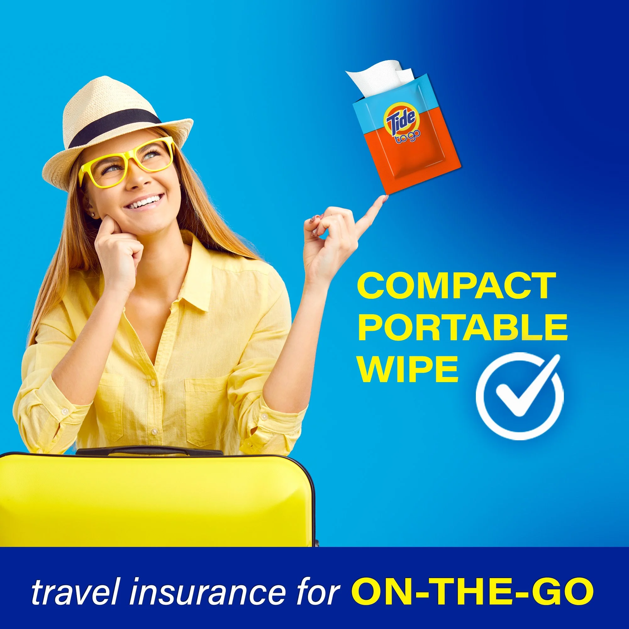Woman wearing yellow clothes and a hat, pointing at a Tide To Go container. Text reads 'Compact Portable Wipe' and 'Travel insurance for on-the-go'. She is holding a yellow suitcase.