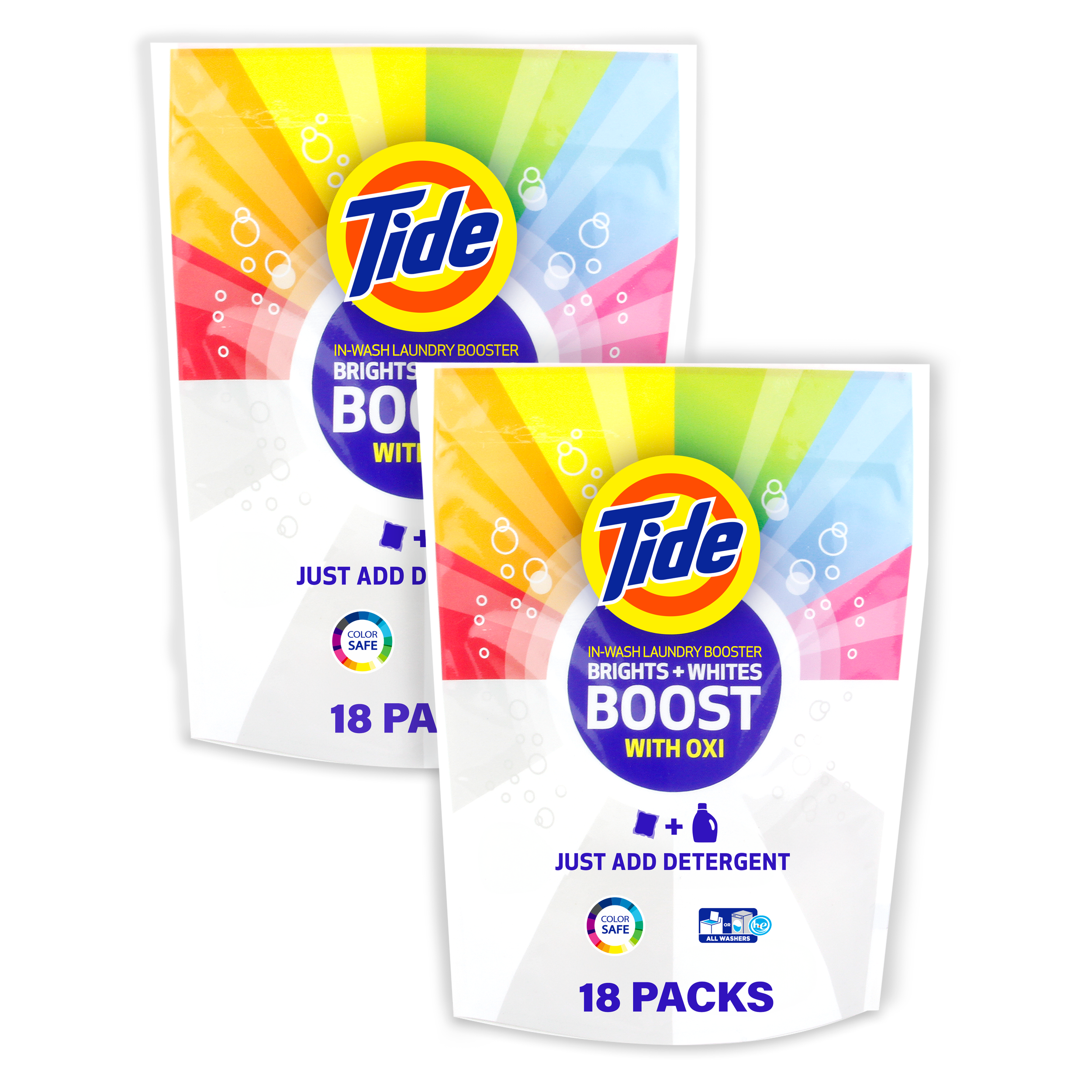Tide Boost Packets with Oxi for brightening laundry, 18 packs, shown in colorful packaging.