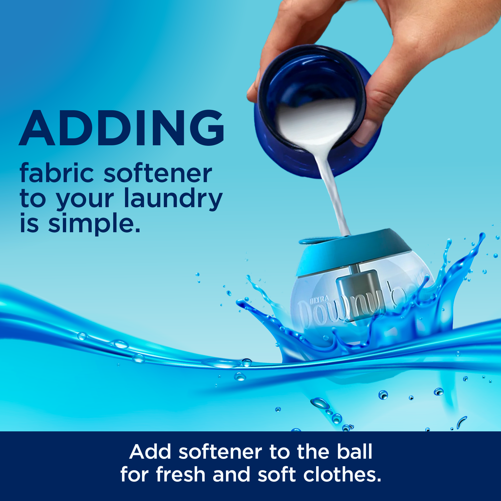 A hand pouring liquid fabric softener into a cap near an image of a laundry product with text reading 'Adding fabric softener to your laundry is simple' and 'Add softener to the ball for fresh and soft clothes.'