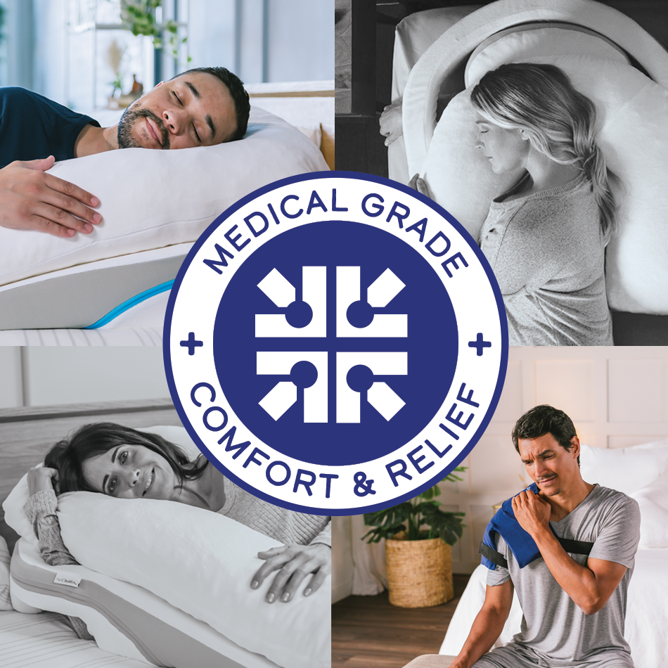 Collage of people using pillows and a heating pad with a central logo reading 'Medical Grade Comfort & Relief.'