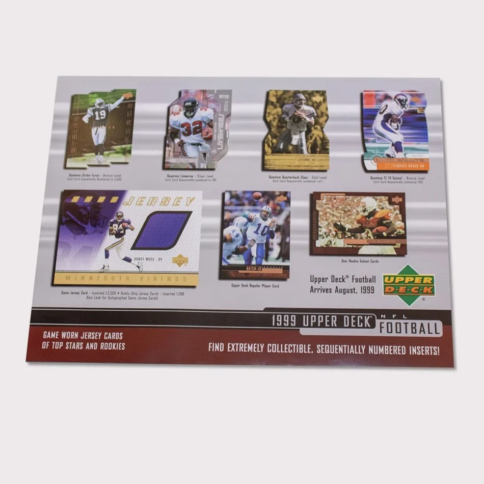 1999 Upper Deck NFL Football trading card advertisement featuring images of collectible cards, including player cards and game-worn jersey cards, emphasizing top stars and rookies. It announces the release in August 1999 and highlights sequentially numbered inserts.