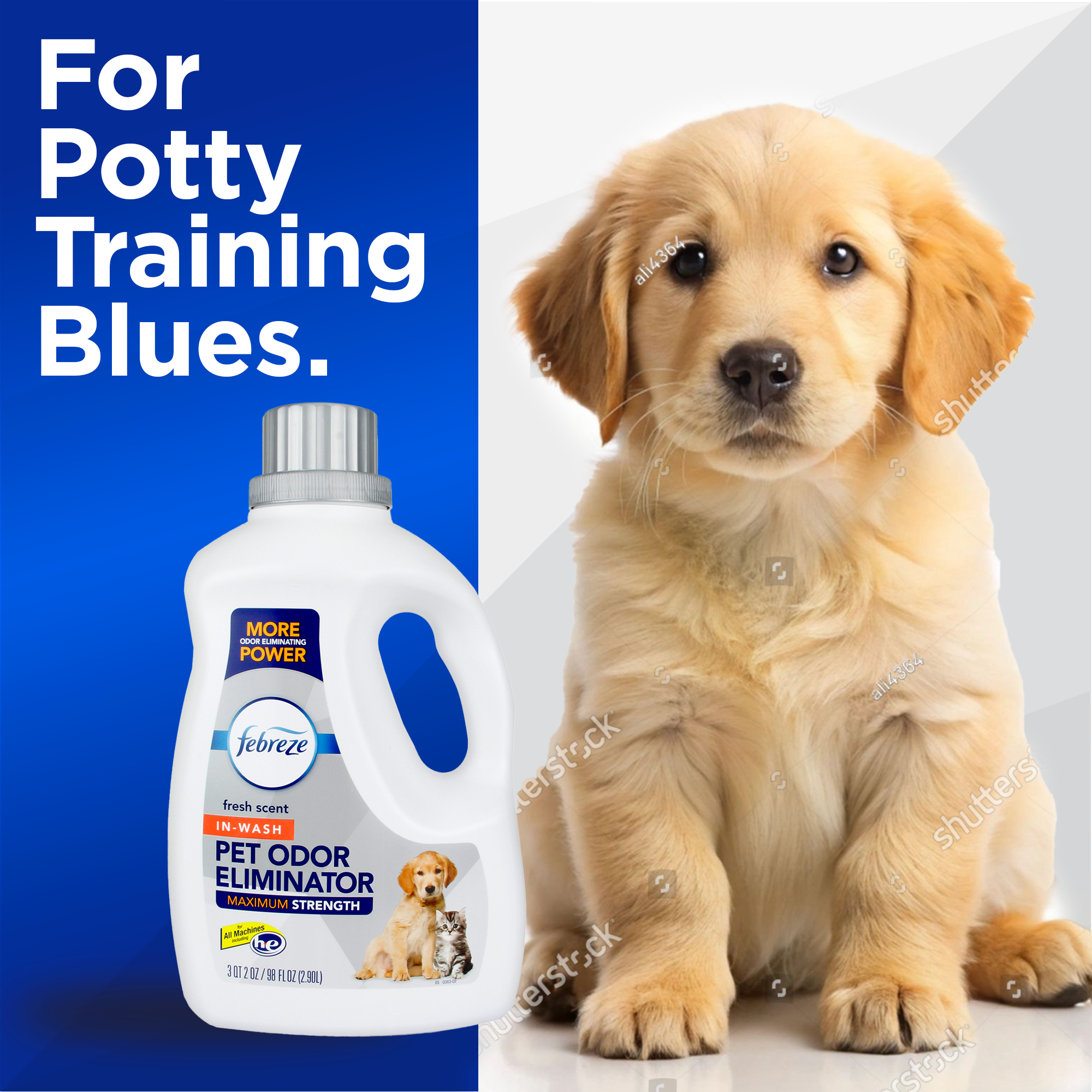 Promotional image featuring a bottle of Febreze In-Wash Pet Odor Eliminator and a cute golden retriever puppy, with the text 'For Potty Training Blues' on a blue and white background.