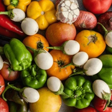 Array of colorful vegetables including tomatoes, bell peppers, garlic, and small white eggplants.