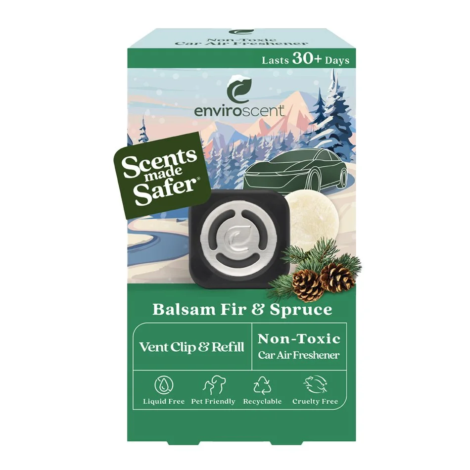 Package of Enviroscent balsam fir and spruce car air freshener, featuring a vent clip and refill. It is non-toxic, liquid-free, pet-friendly, recyclable, and cruelty-free, lasting over 30 days.