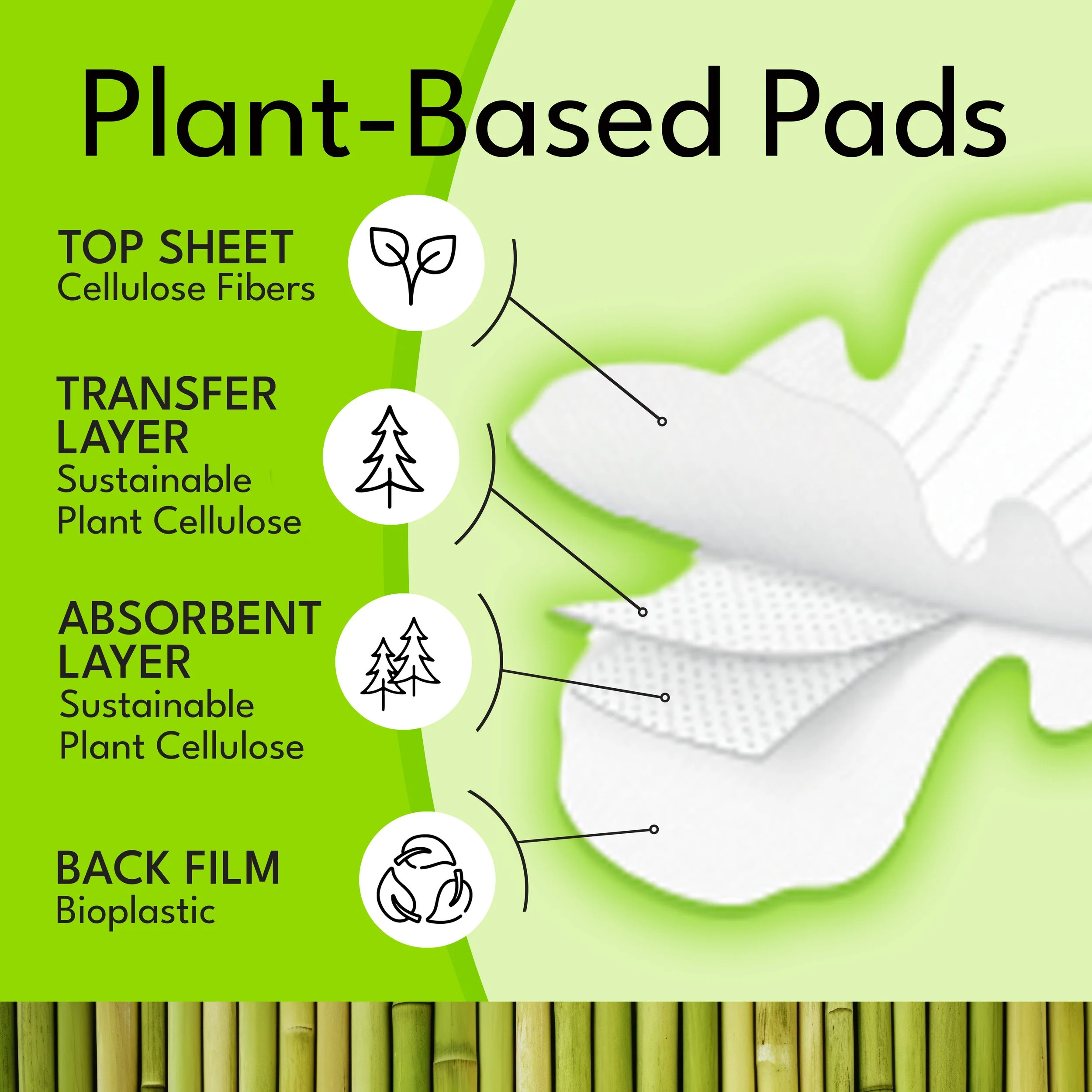 Infographic showing the layers of plant-based pads with illustrations. Top sheet: cellulose fibers. Transfer layer: sustainable plant cellulose. Absorbent layer: sustainable plant cellulose. Back film: bioplastic. Background: bamboo image.