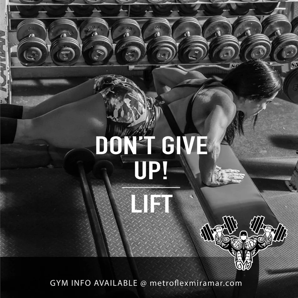 Woman performing a back extension exercise in a gym with a motivational text overlay "Don't Give Up! Lift" and a gym logo at the bottom.
