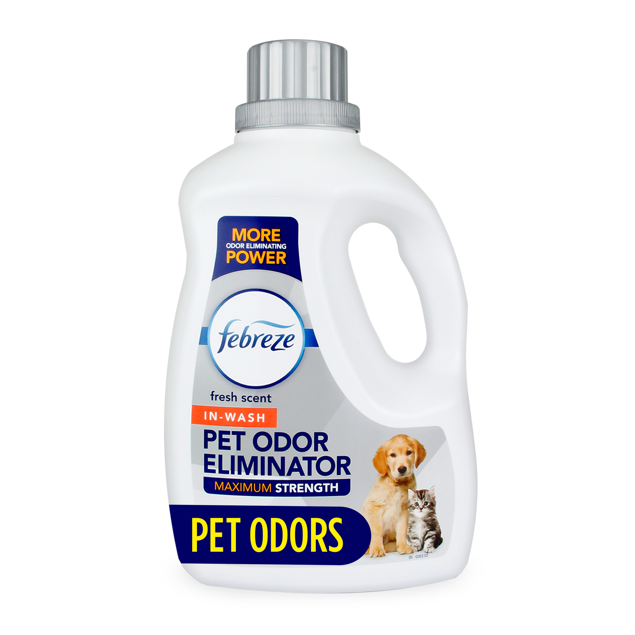 Febreze In-Wash Pet Odor Eliminator, maximum strength, fresh scent, laundry detergent bottle.