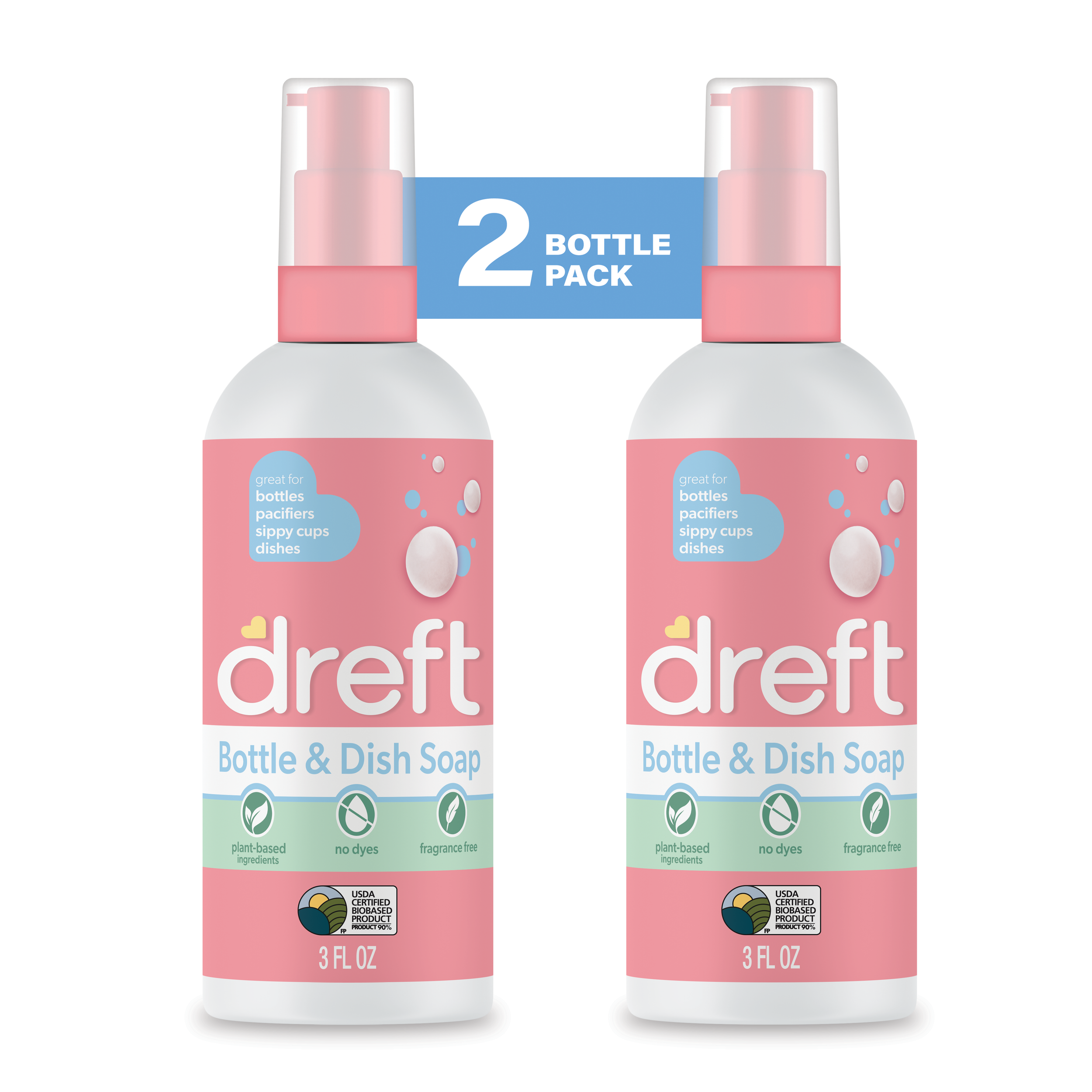 Two bottle pack of Dreft Bottle & Dish Soap, 3 fl oz each, plant-based, no dyes, fragrance-free.