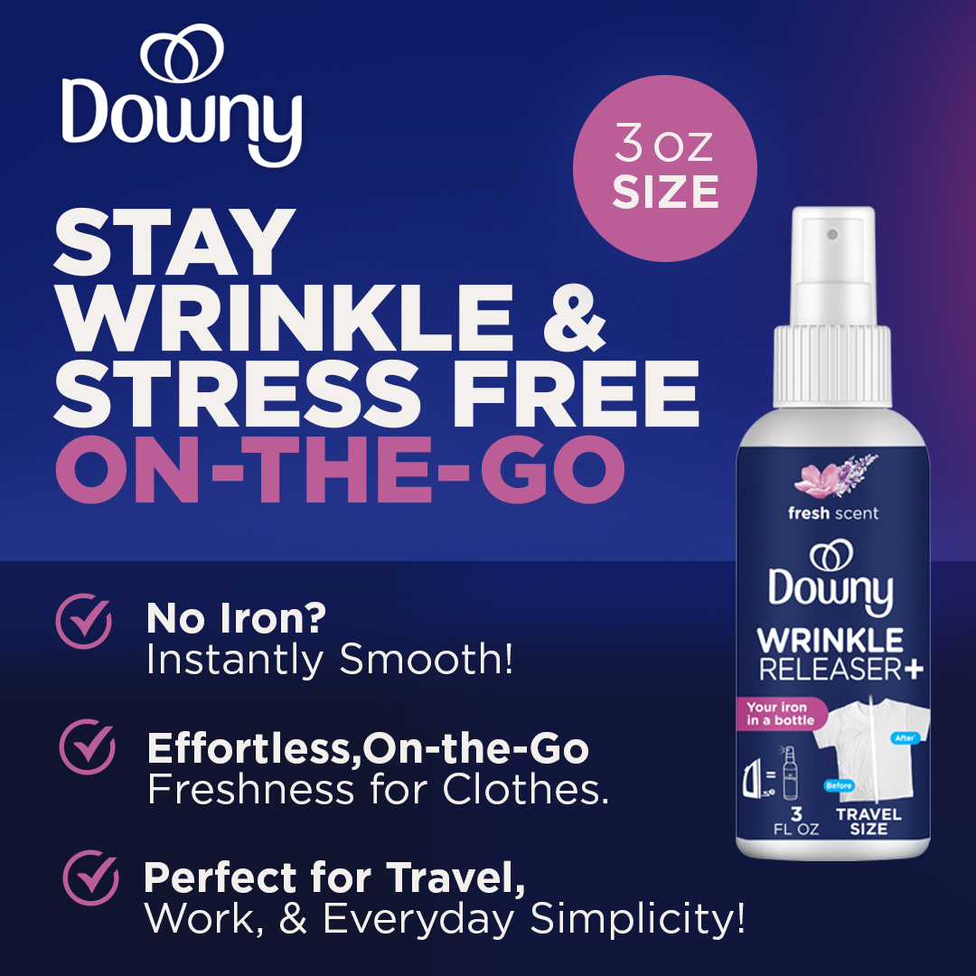 Advertisement for Downy Wrinkle Releaser Plus, 3 oz size. Features text: 'Stay wrinkle & stress free on-the-go.' Highlights: 'No iron? Instantly smooth!' 'Effortless, on-the-go freshness for clothes.' 'Perfect for travel, work, & everyday simplicity.' Includes product bottle image.