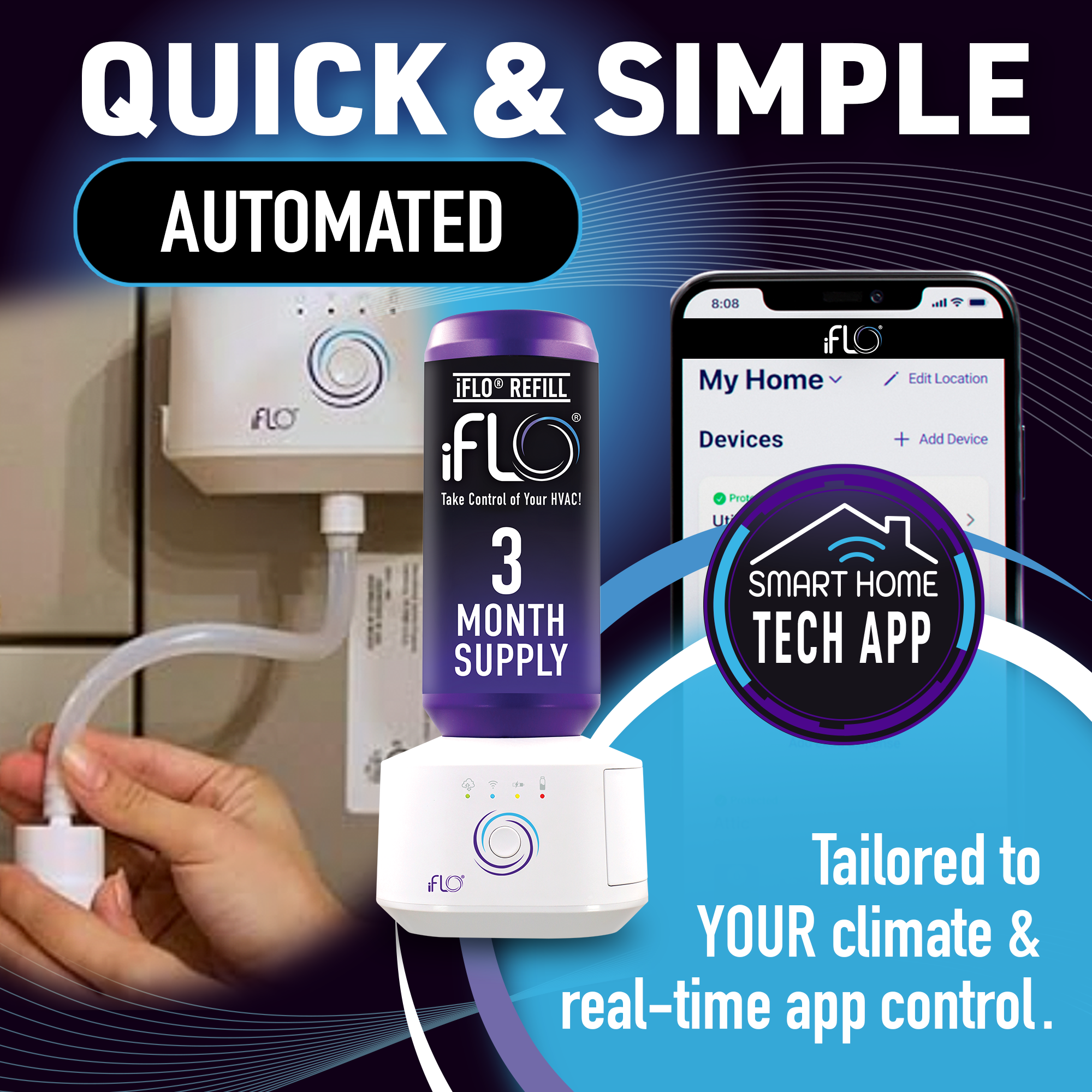 Advertisement for iFLO automated HVAC system with refill and smart home app control, featuring a connected device and mobile app interface.