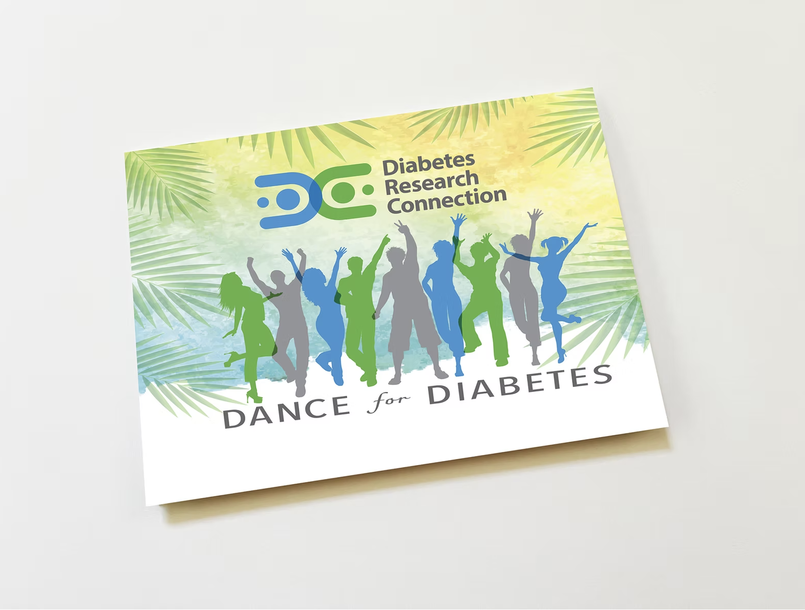 Flyer for Dance for Diabetes event with colorful dancing silhouettes and palm leaf design, promoting the Diabetes Research Connection.