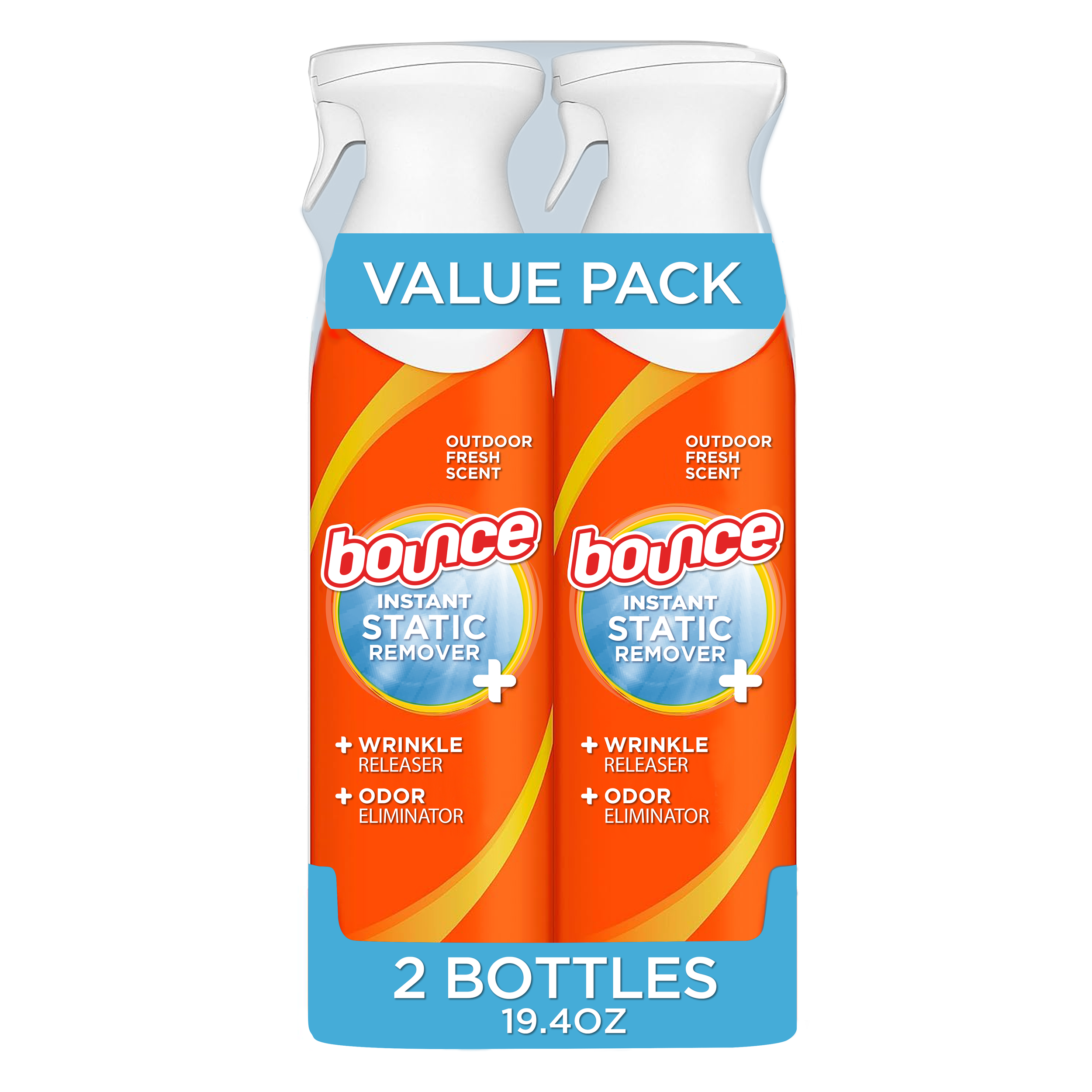 Bounce Instant Static Remover spray bottles, value pack of two, with outdoor fresh scent, wrinkle releaser, and odor eliminator, 19.4 oz total.