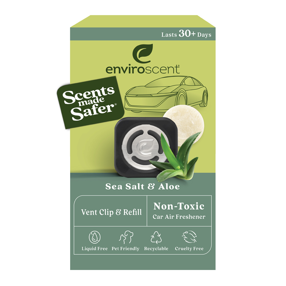 EnviroScent Sea Salt & Aloe car air freshener package featuring vent clip and refill, non-toxic, liquid-free, pet-friendly, recyclable, cruelty-free, with 30+ days lasting scent.