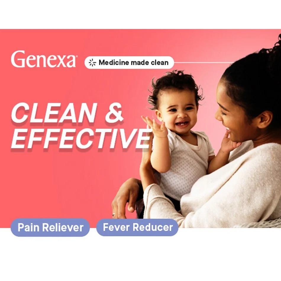 Genexa advertisement featuring a smiling mother holding her baby, with text 'Clean & Effective' and tags for pain reliever and fever reducer.