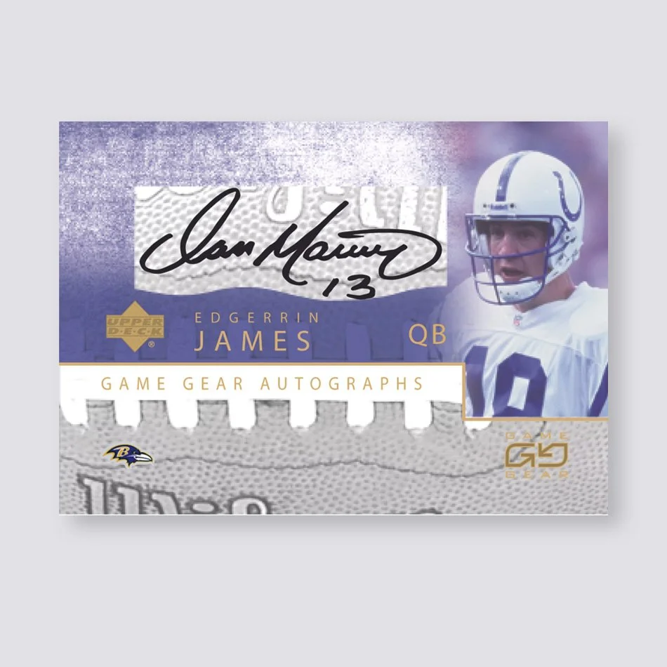 Autographed Edgerrin James football card featuring a quarterback in Colts uniform, labeled "Game Gear Autographs."