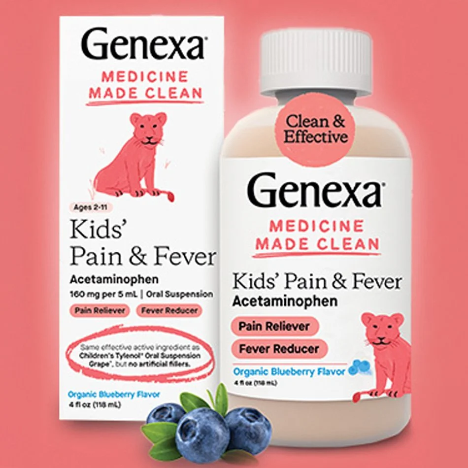 Genexa Kids' Pain & Fever medicine packaging with acetaminophen, featuring a pink lion graphic and organic blueberry flavor indication.