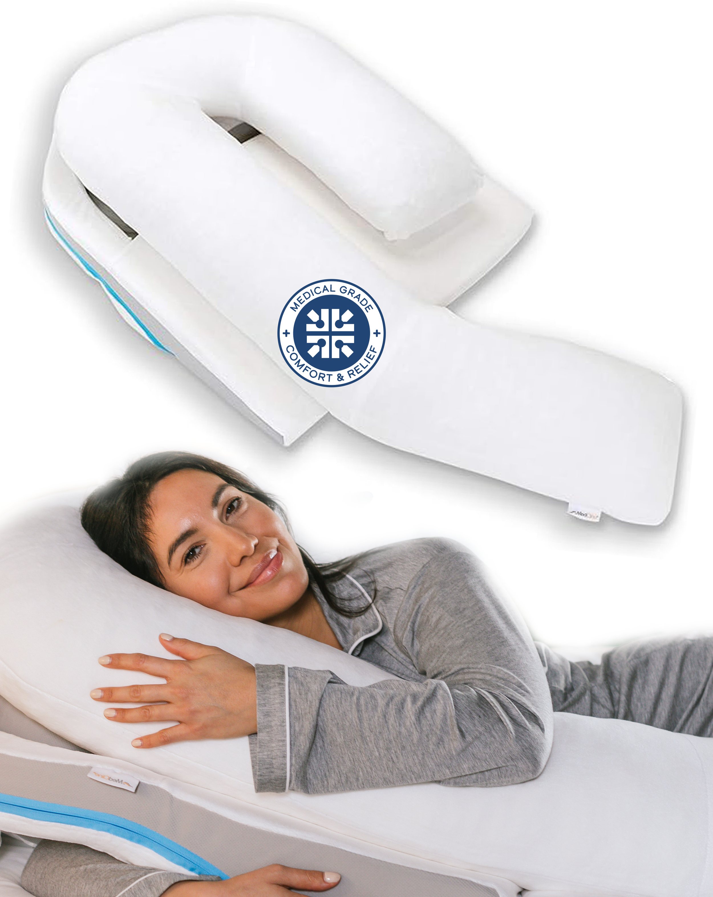 Woman using a C-shaped body pillow, labeled 'Medical Grade Comfort & Relief,' while sleeping.
