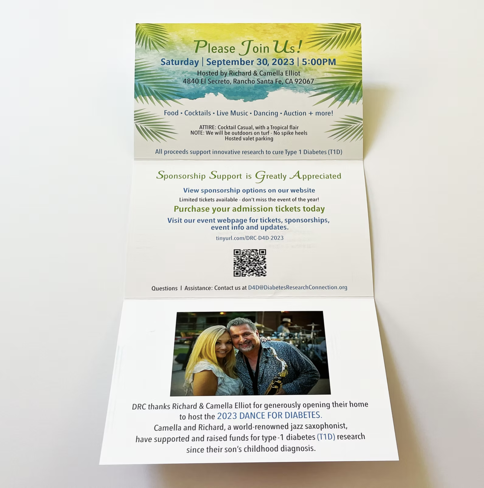 Invitation for "Dance for Diabetes" event featuring food, cocktails, live music, and auction; supports Type 1 Diabetes research; includes a photo of a couple, event details, dress code, and QR code for more information.