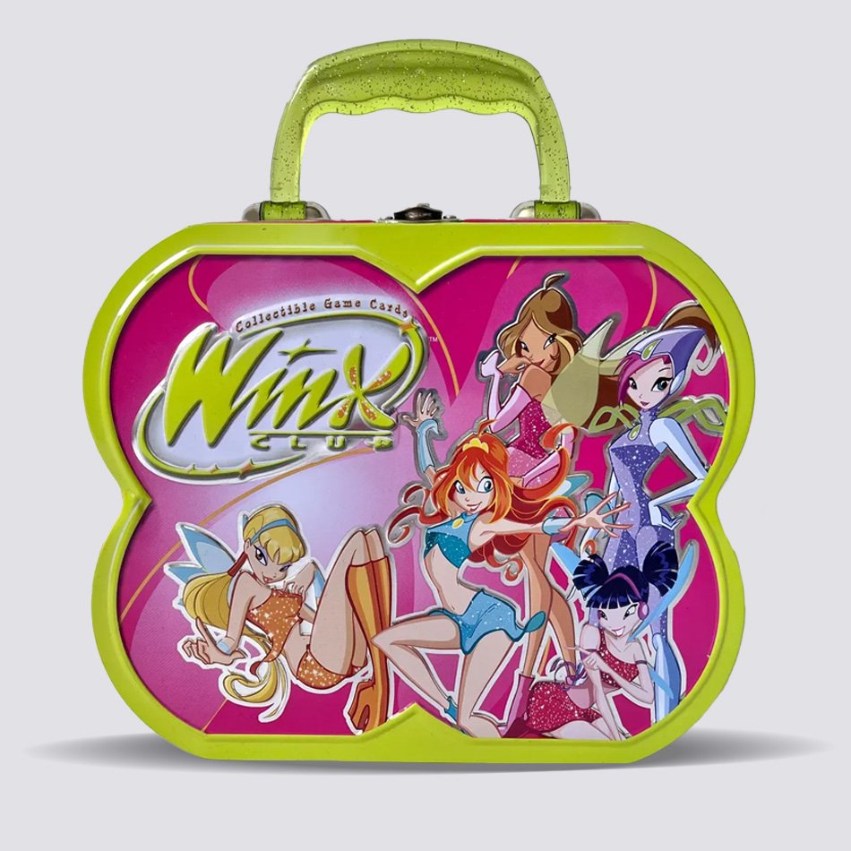 Winx Club collectible card tin with fairies on a pink background and green handle.