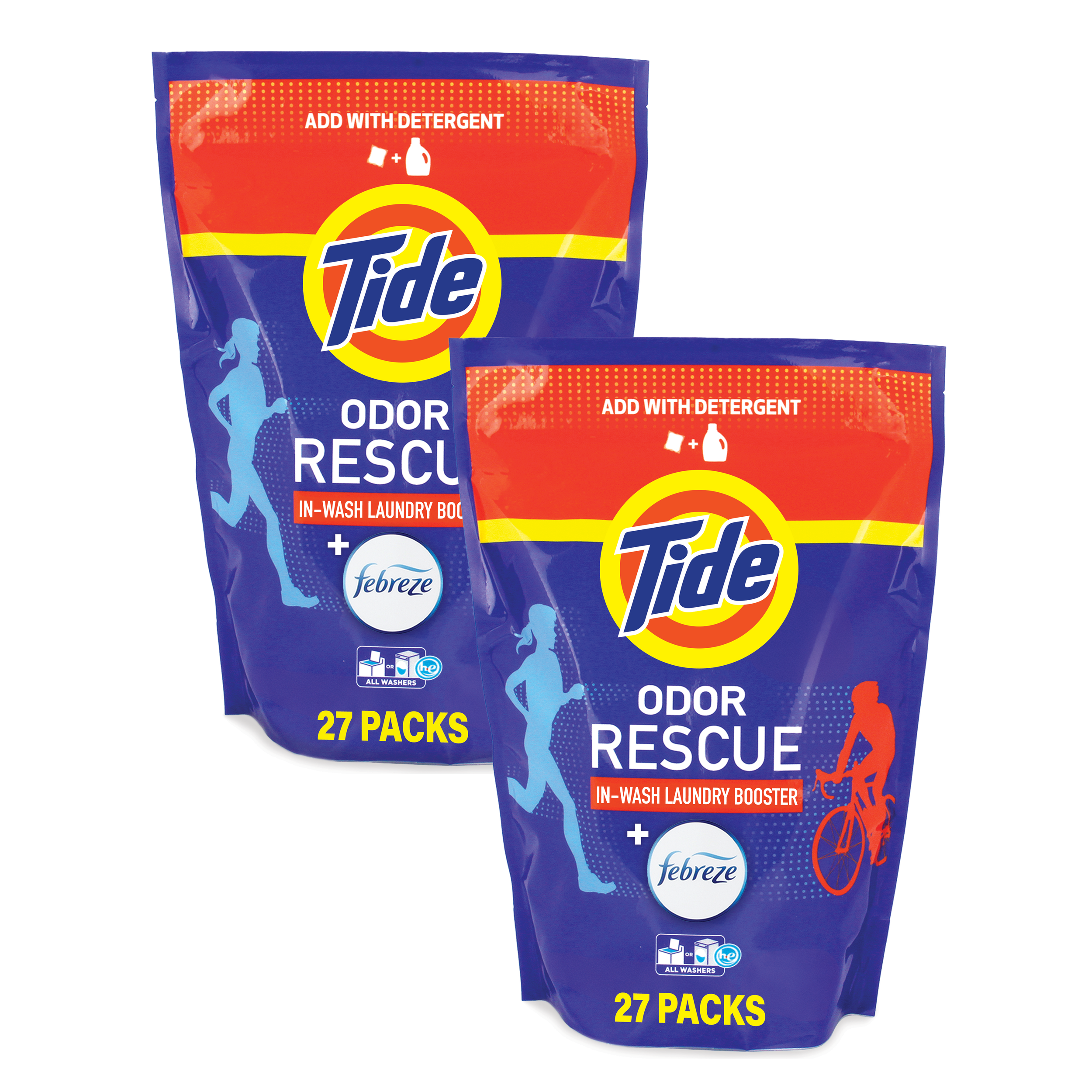 Two packages of Tide Odor Rescue in-wash laundry booster with Febreze, 27 packs each.