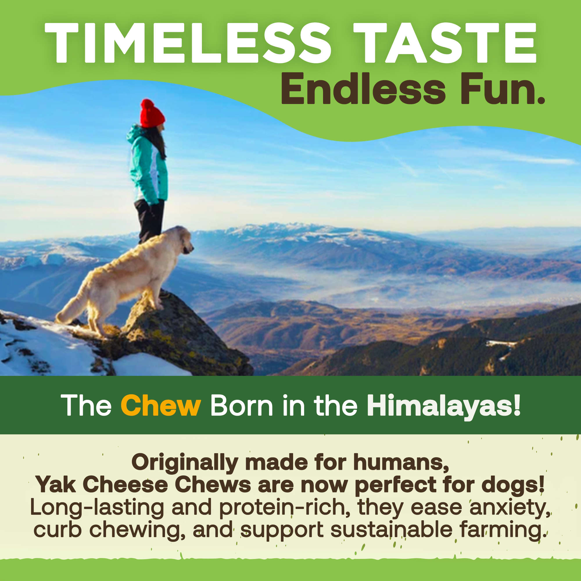 Woman and dog on a mountain summit under blue sky, with text promoting Himalayan yak cheese dog chews, highlighting taste, fun, and benefits like anxiety relief and sustainable farming.