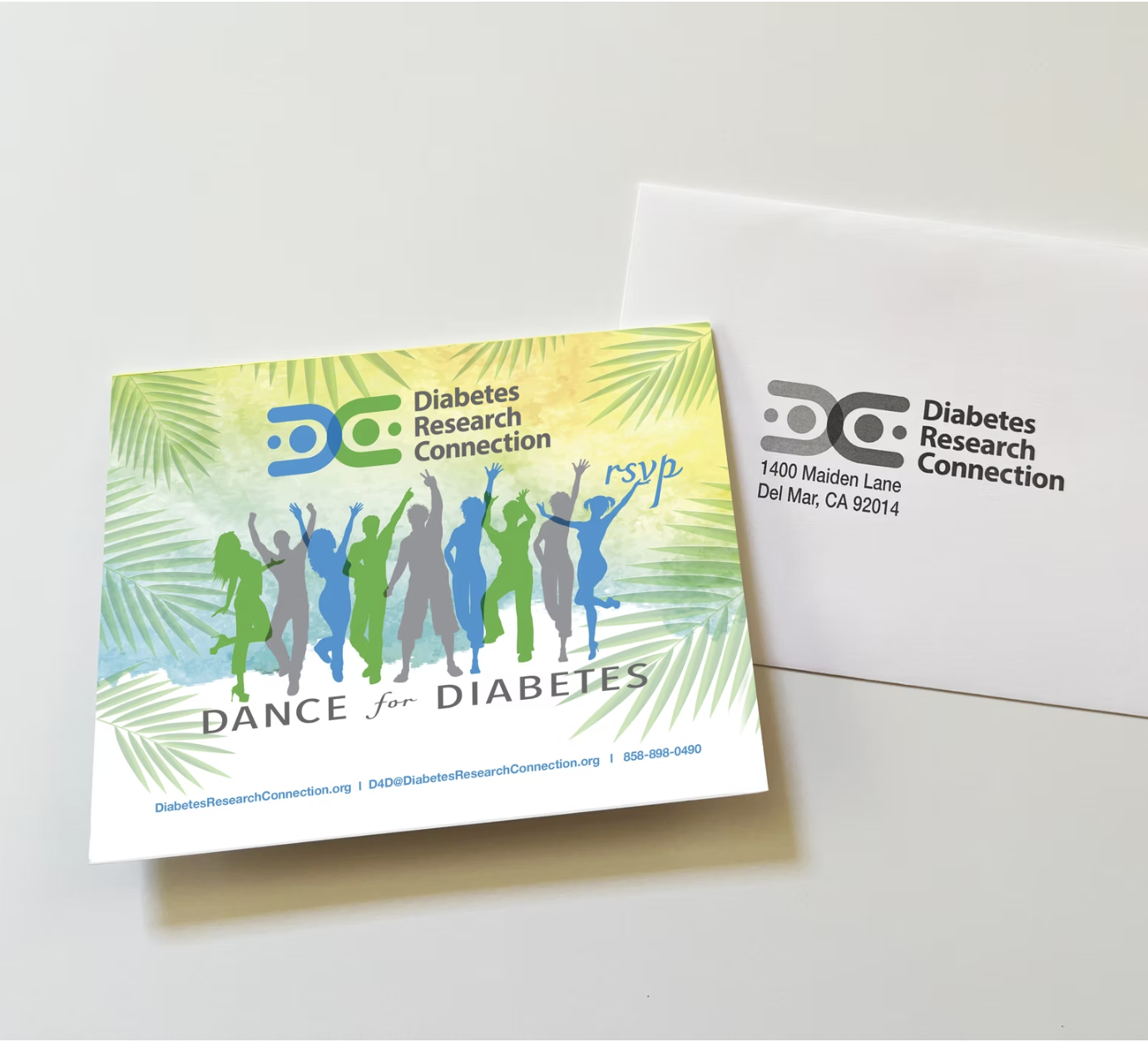 Invitation card for "Dance for Diabetes" by Diabetes Research Connection with colorful silhouettes of people dancing and an address envelope.