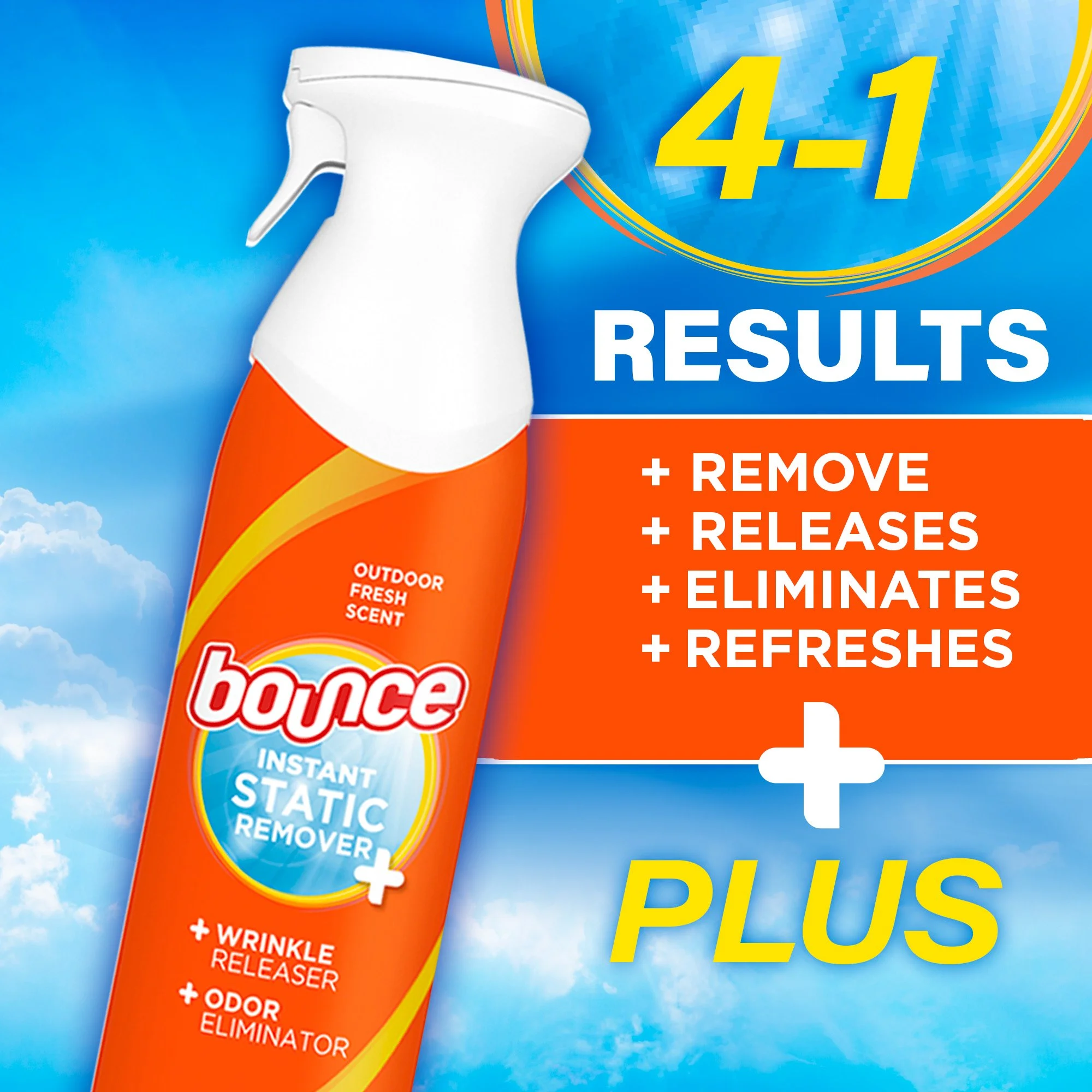 Bounce Instant Static Remover spray bottle with wrinkle releaser and odor eliminator, featuring outdoor fresh scent. Text highlights 4-in-1 results: remove, releases, eliminates, refreshes.