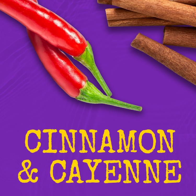 Cinnamon sticks and cayenne peppers with "Cinnamon & Cayenne" text on a purple background.