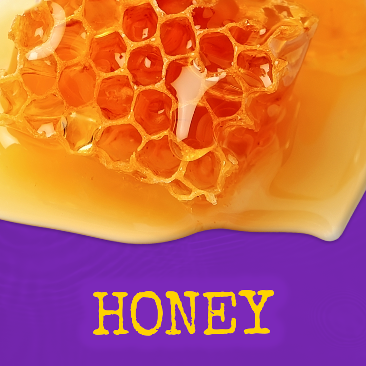 Close-up of honeycomb with honey and the word "HONEY" displayed below in yellow on a purple background.