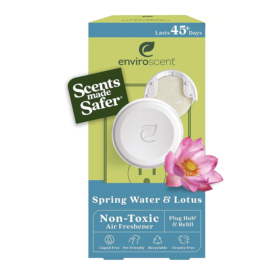 EnviroScent non-toxic air freshener packaging, Spring Water & Lotus scent, featuring a plug hub and refill, with labels for liquid free, pet friendly, recyclable, and cruelty free.