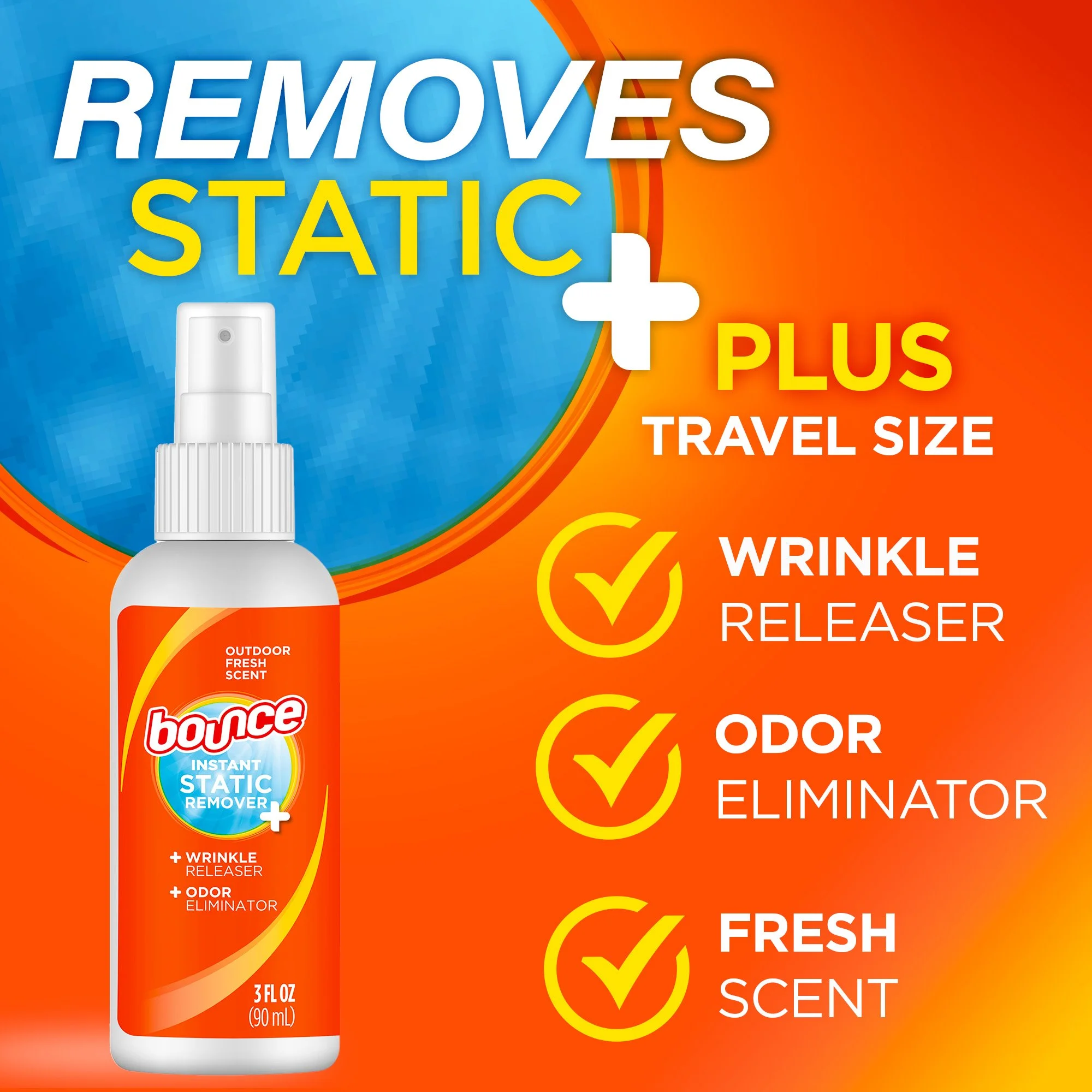 Bounce travel size static remover bottle with benefits listed including wrinkle releaser, odor eliminator, and fresh scent on an orange background.